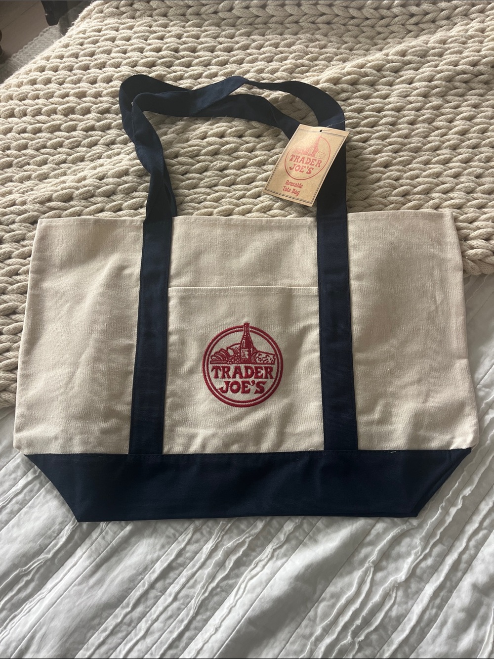 Trader Joe's Canvas Tote Bag with Navy Trim NWT!